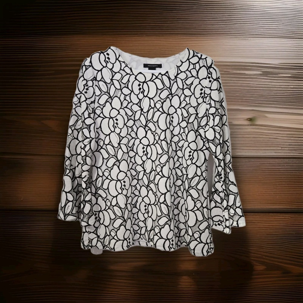 Investments Size MediumBlack/ White Blouse Top,shirt Fairycore Whimsical Flowy